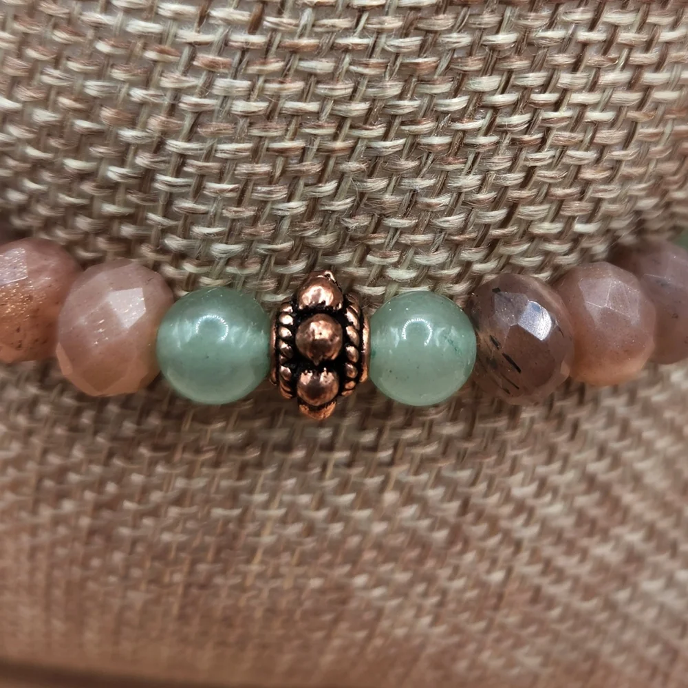 Peach Moonstone, Green Aventurine, and Copper Beaded Bracelet